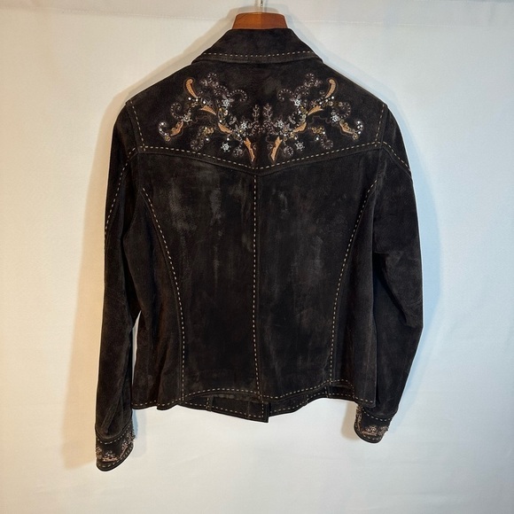 Coldwater Creek Brown Leather Suede Embroidered Beaded Sequins Jacket Lined PM - Picture 2 of 10